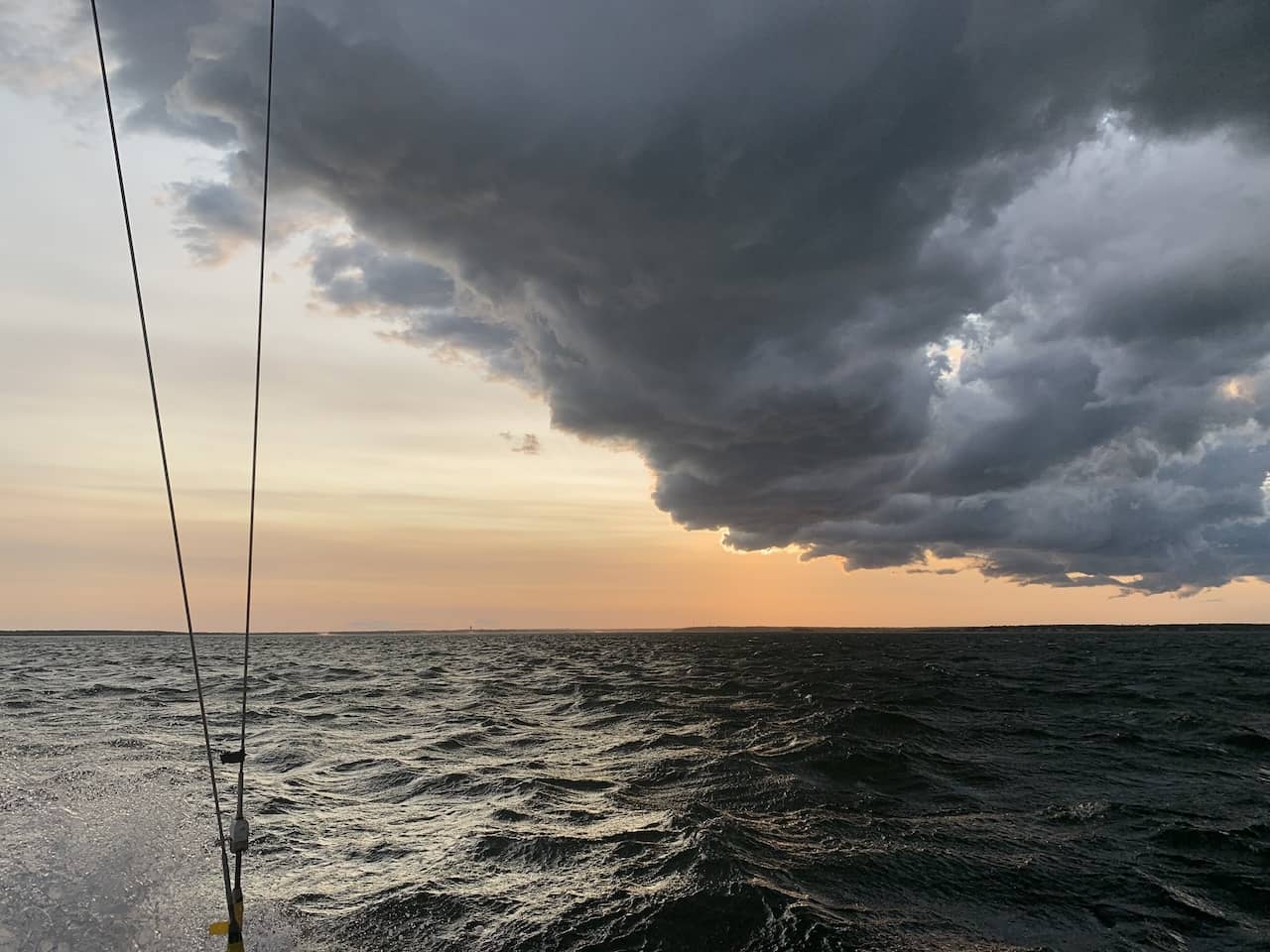 Sailing down Buzzards Bay, Massachusetts, as a squall of wind approaches