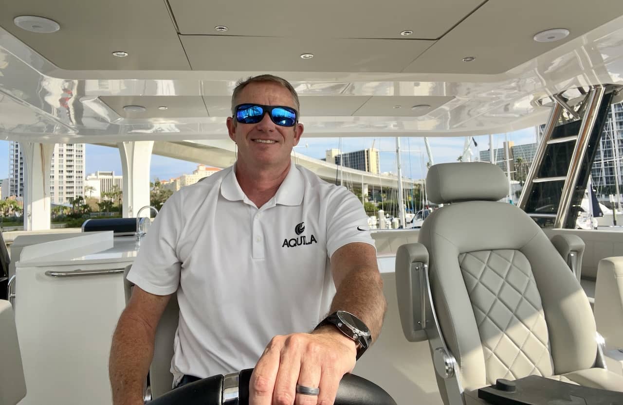 Jean Raas at the helm of the new Aquila 50 Yacht