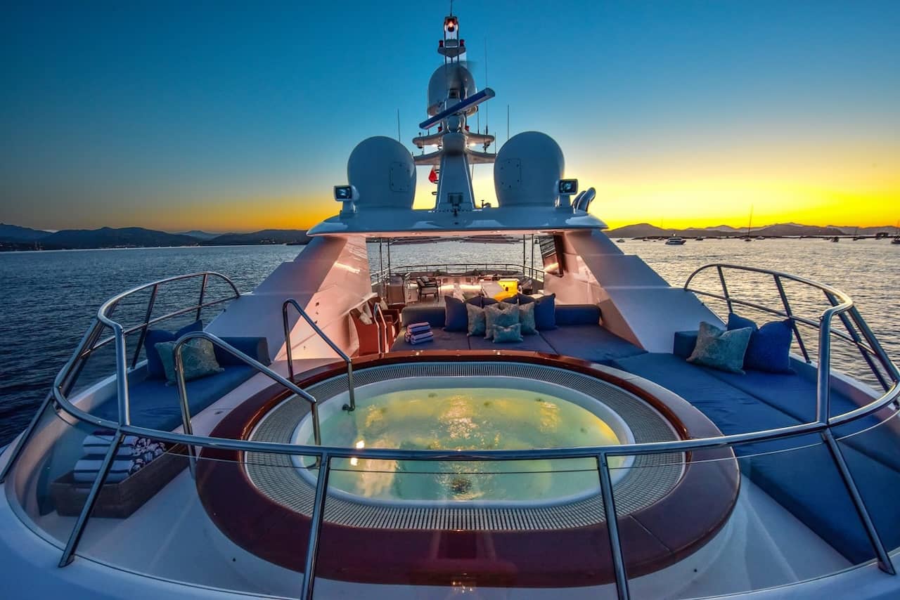 The top deck of Berilda features a jacuzzi, extended bar and lounge, and more social areas aft.