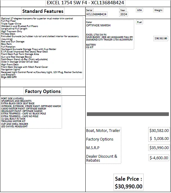 2024 Excel 1754 shallow water v front f4