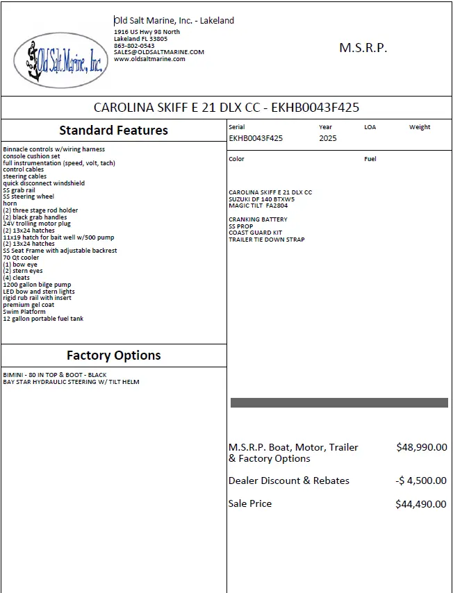 2025 Carolina Skiff e 21 dlx cc